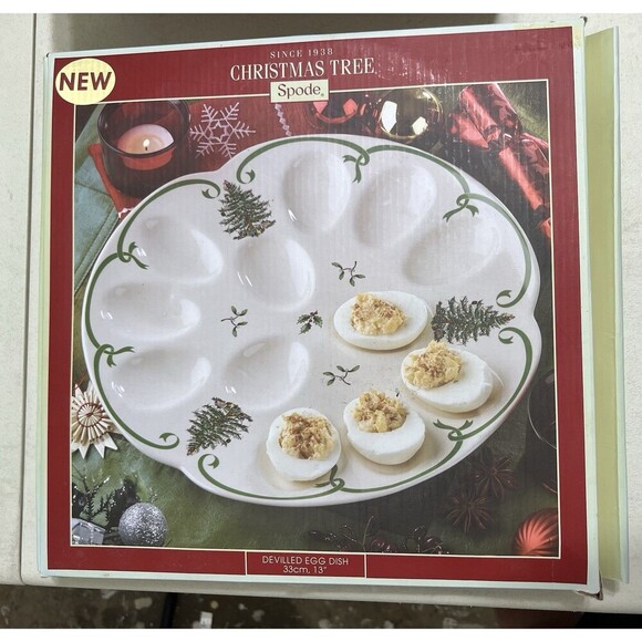 Spode Holiday Christmas Tree Porcelain Devilled Egg Dish, 13 Inch Holds 12 Eggs - Picture 6 of 8